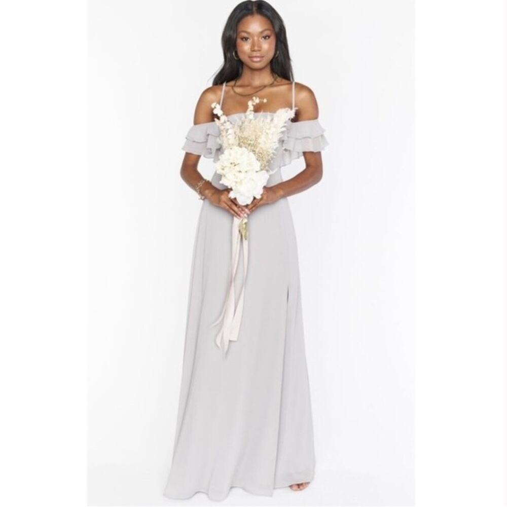 Show Me Your Mumu Emma Ruffle Maxi Dove Gray Chiffon NWT Sz Medium Bridesmaid